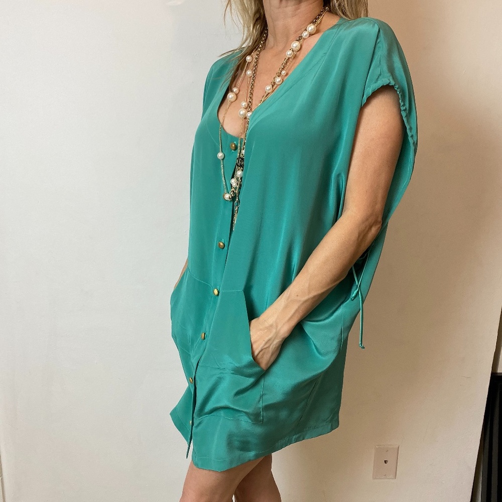 Boulee silk shift dress w gold buttons scoop neck